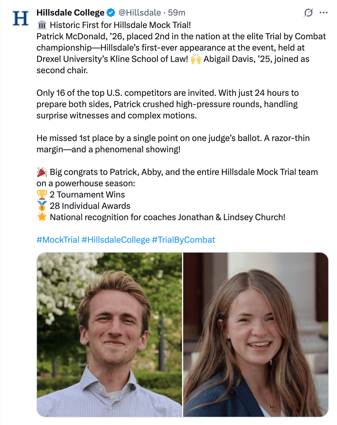 Hillsdale College Social Media Post about Mock Trial with headshots of Patrick McDonald and Abigail Davis